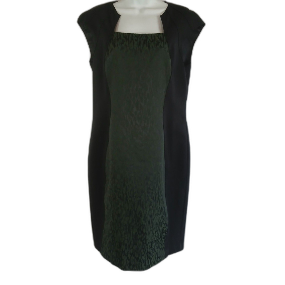 Elle Tahari dress Black Green Panel Animal Print Sleeveless Sz 12 Party Business
